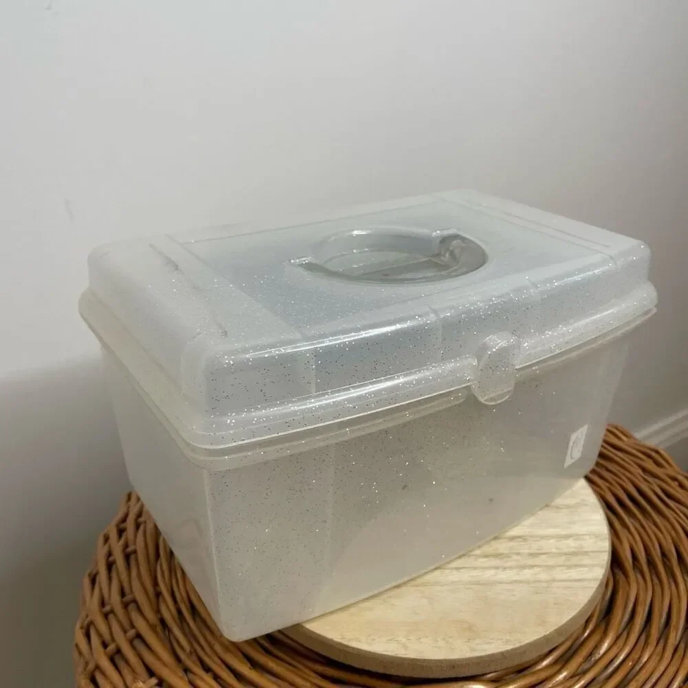 VINTAGE CABOODLES 80s 90s 5620 Clear MAKEUP‎ STORAGE CASE White Sparkle Glitter